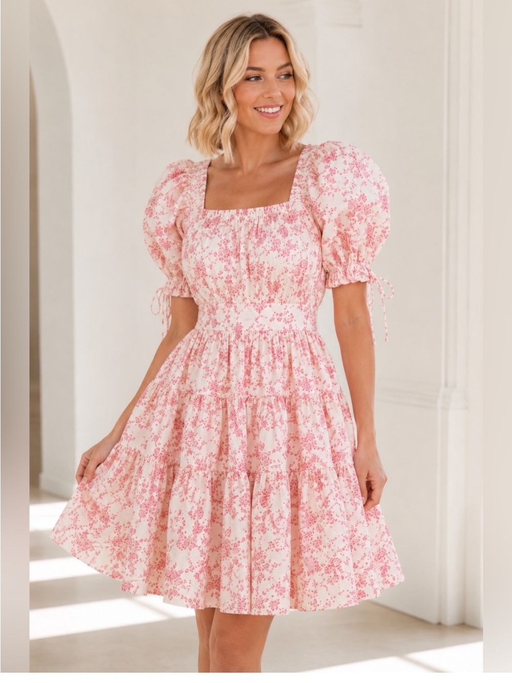 Rachel Parcell Pink Floral Puff-Sleeve Square Neck Mini Dress